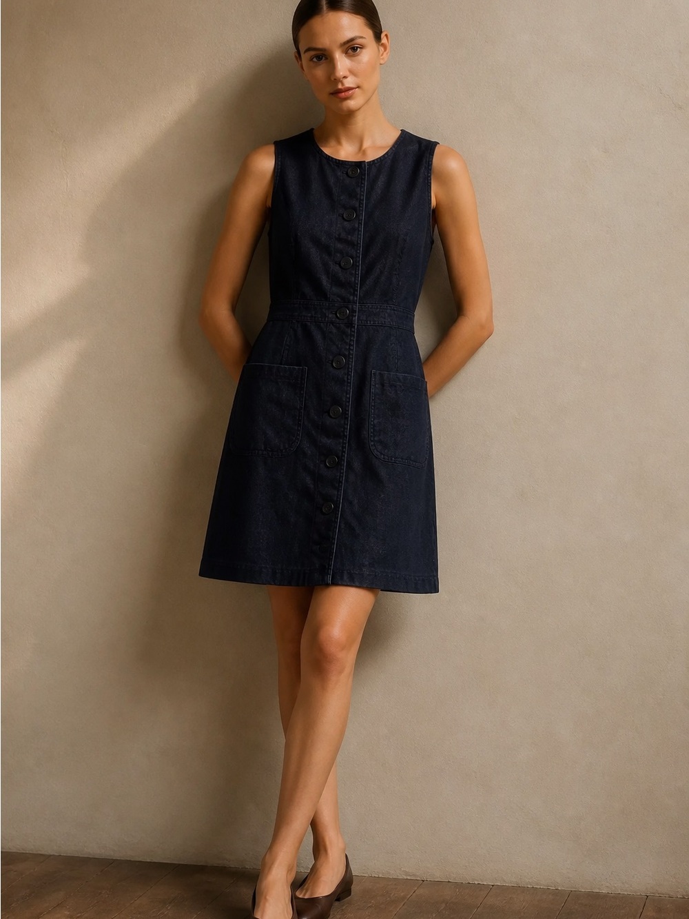 Tory Burch Sleeveless Dark Navy Button-Front Linen Dress